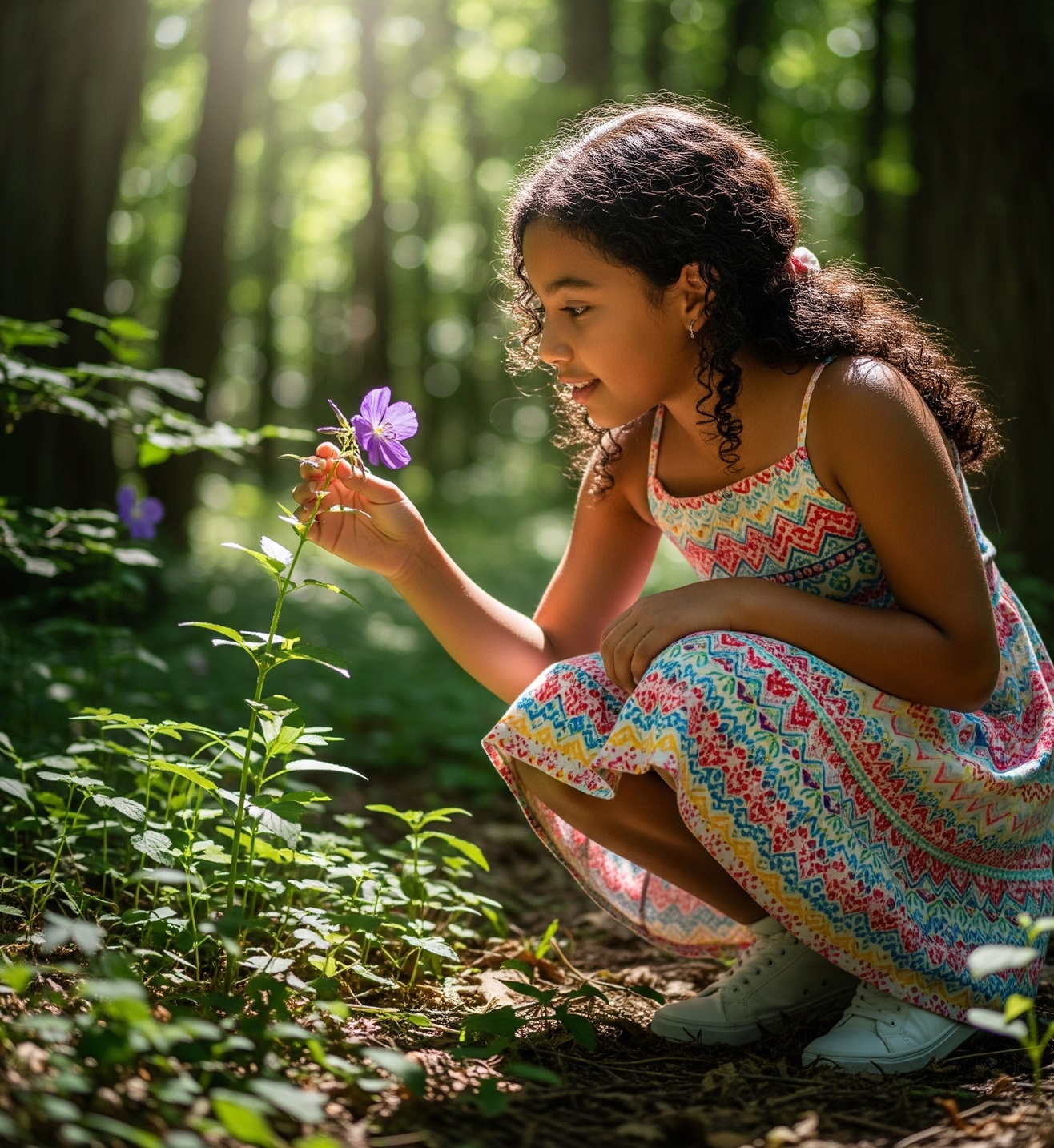 Mujer observando una flor en un bosque.