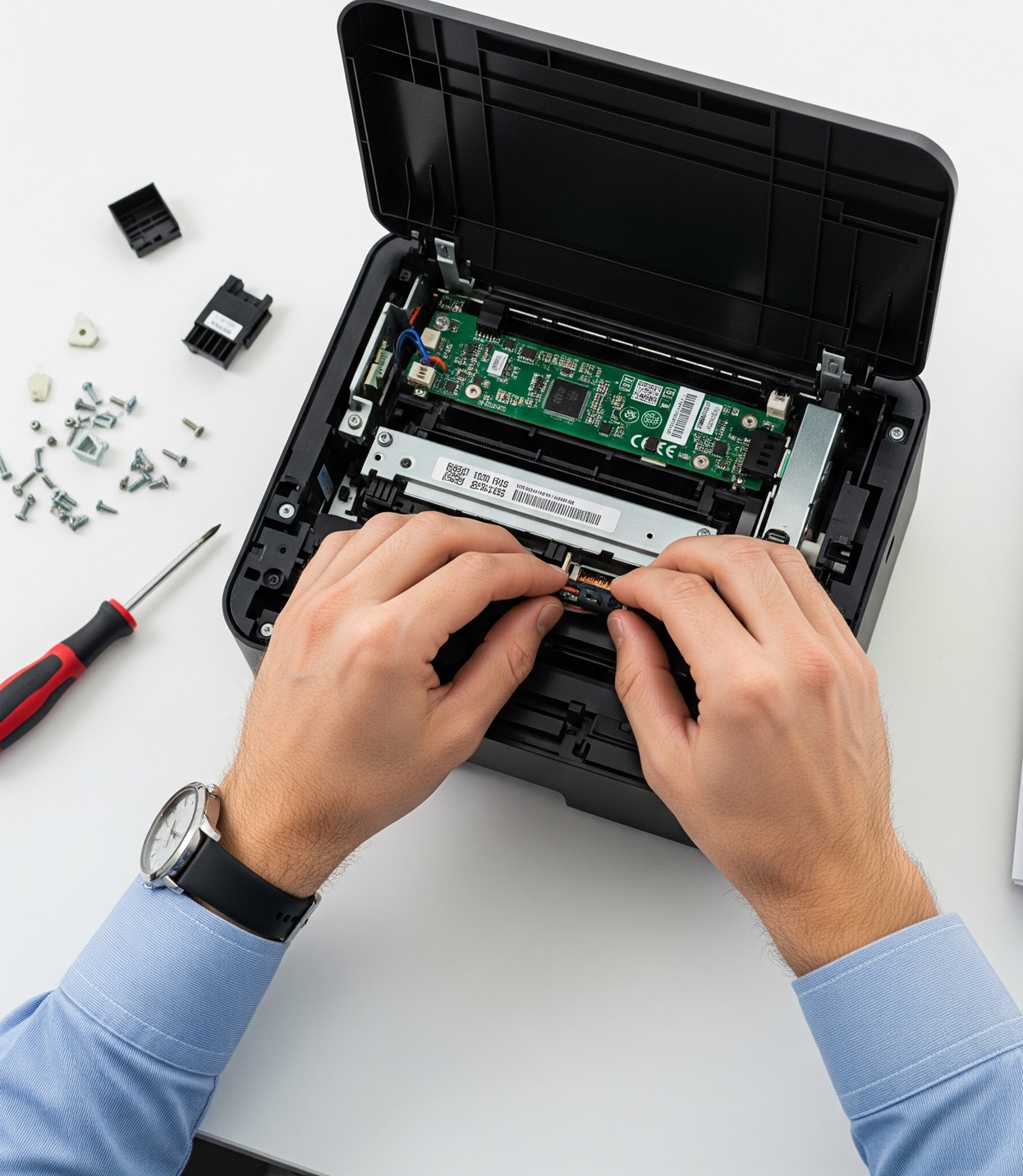 Técnico reparando una impresora.