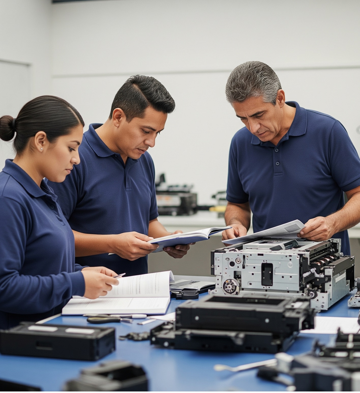 Tres personas en un taller revisando una impresora.